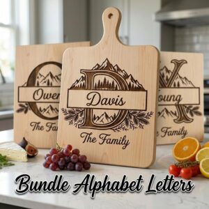 Rustic Mountain Monogram Alphabet, Custom Family Name Engraving File Bundle