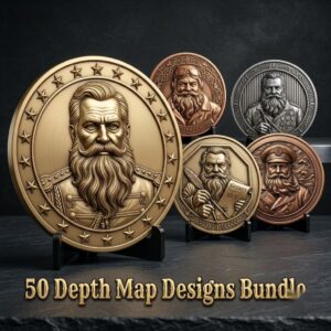 Santa Challenge Coin 3D Relief, Grayscale PNG Design, Christmas Laser File