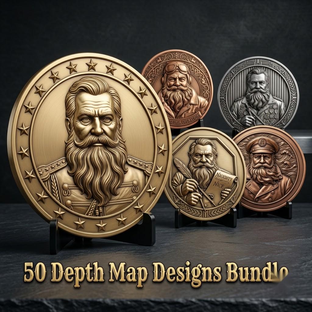 Santa Challenge Coin 3D Relief, Grayscale PNG Design, Christmas Laser File