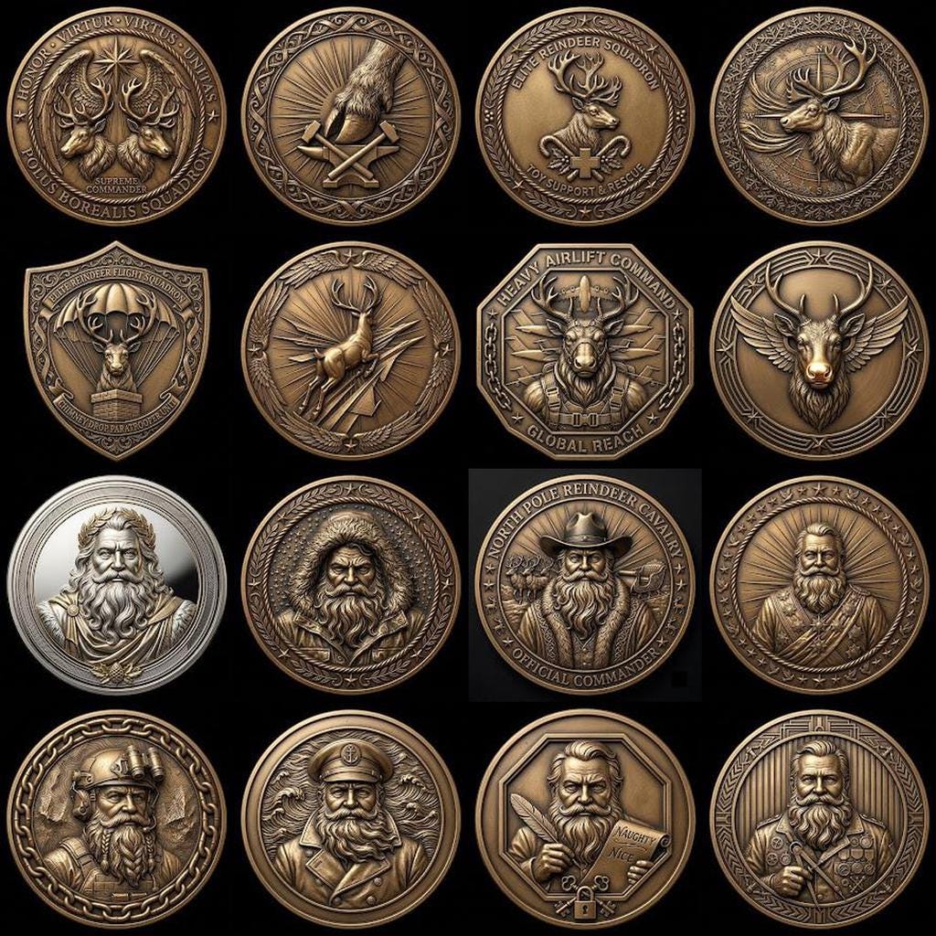 Santa Challenge Coin 3D Relief, Grayscale PNG Design, Christmas Laser File