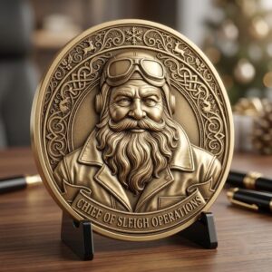 Santa Challenge Coin 3D Relief, Grayscale PNG Design, Christmas Laser File