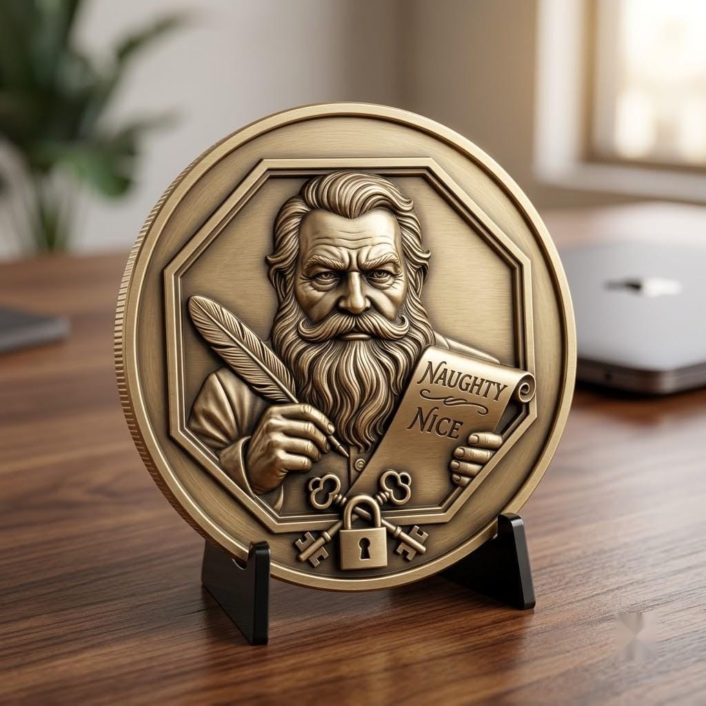 Santa Challenge Coin 3D Relief, Grayscale PNG Design, Christmas Laser File