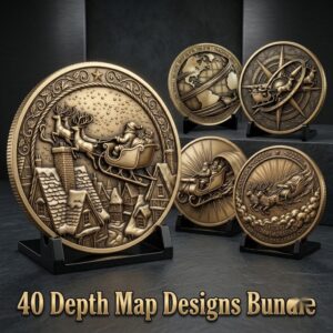 Santa Sleigh Relief Coin Engraving, Midnight Cityscape, 40 PNG Bundle