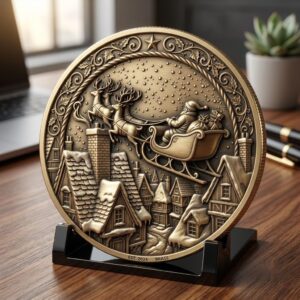 Santa Sleigh Relief Coin Engraving, Midnight Cityscape, 40 PNG Bundle