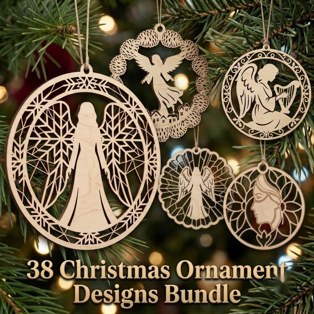 Serene Winter Angel Ornament, Christmas Snowflake Woodland Laser Bauble Bundle