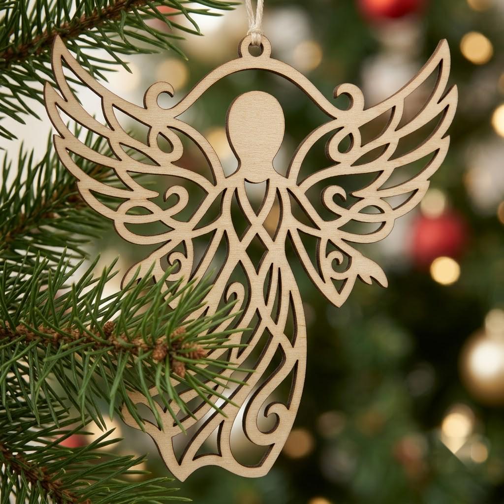 Serene Winter Angel Ornament, Christmas Snowflake Woodland Laser Bauble Bundle