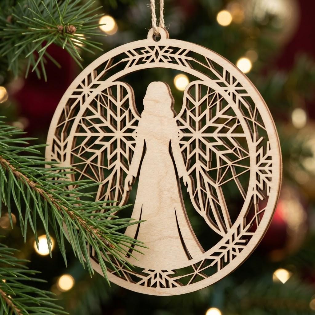 Serene Winter Angel Ornament, Christmas Snowflake Woodland Laser Bauble Bundle