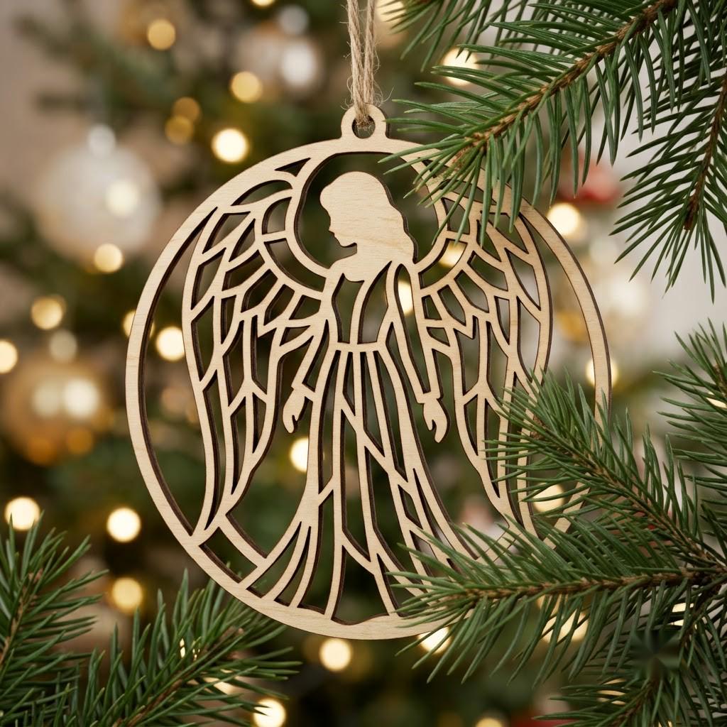 Serene Winter Angel Ornament, Christmas Snowflake Woodland Laser Bauble Bundle