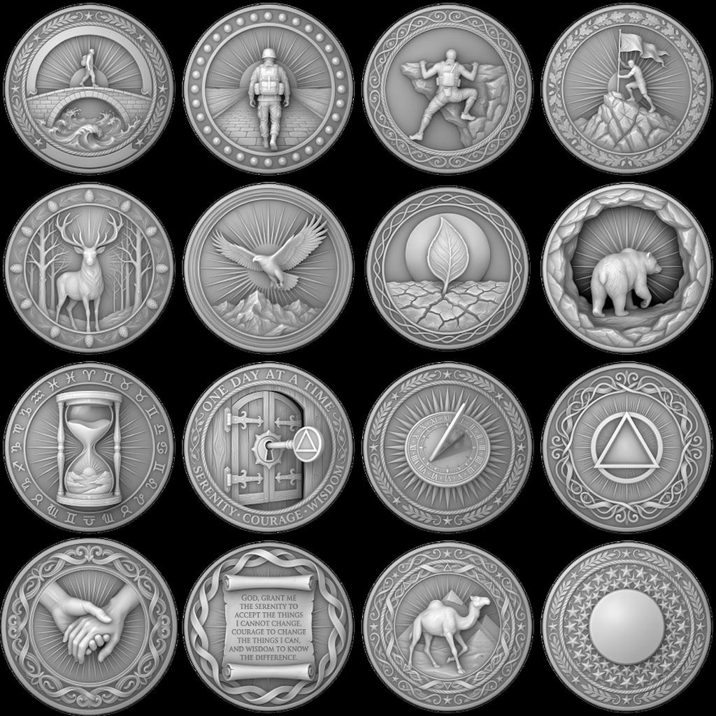 Sobriety Coin Depth Map PNG, Hero Journey Relief Recovery Token Laser File