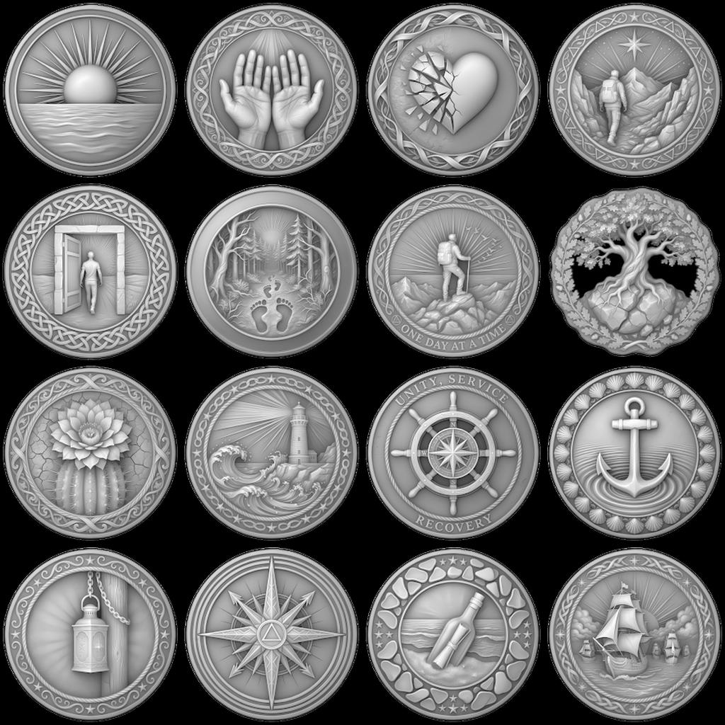 Sobriety Coin Depth Map PNG, Hero Journey Relief Recovery Token Laser File