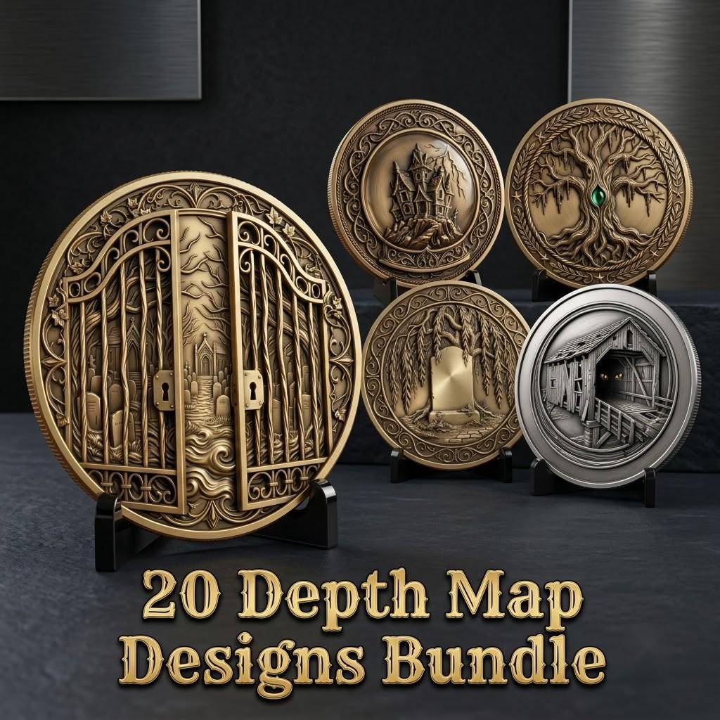Spooky Halloween Coin Engraving Depth Map, Haunted Token Relief for Laser
