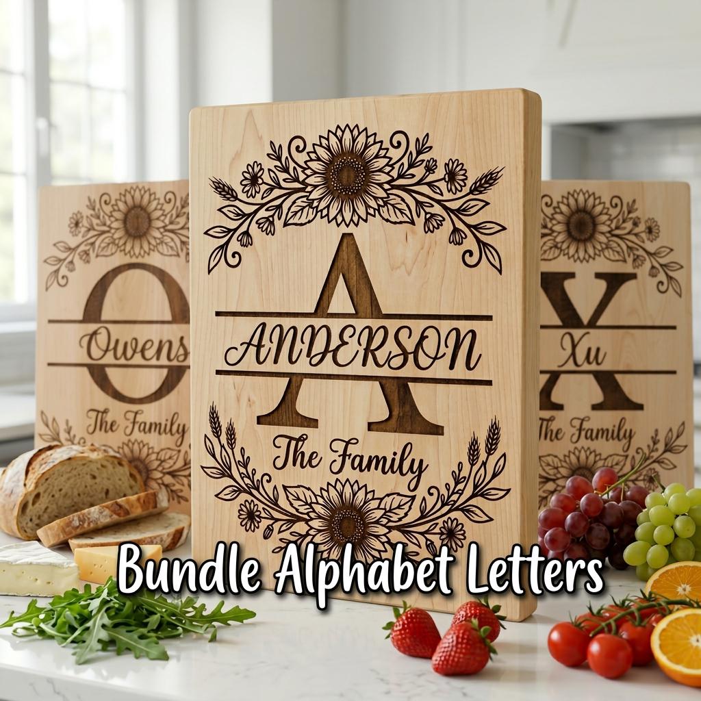 Sunflower Monogram Alphabet, Custom Family Surname Engraving Design for Board