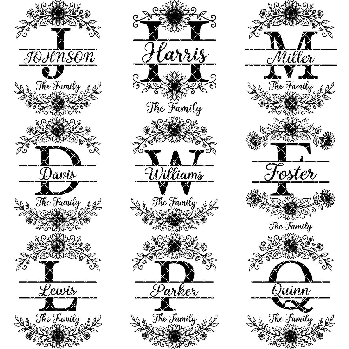 Sunflower Monogram Alphabet, Custom Family Surname Engraving Design for Board