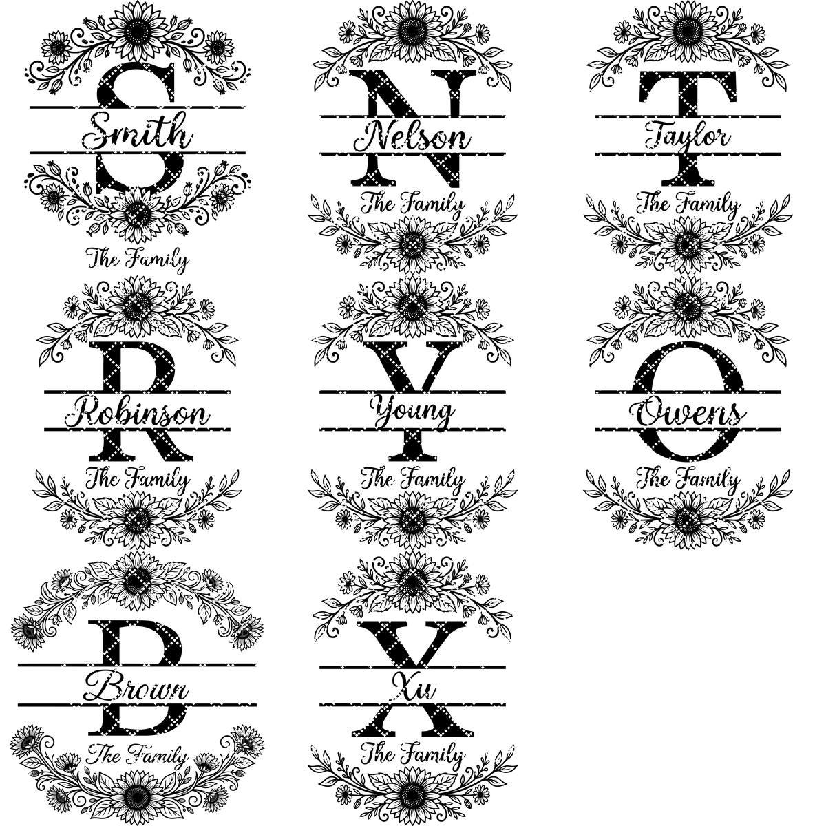 Sunflower Monogram Alphabet, Custom Family Surname Engraving Design for Board