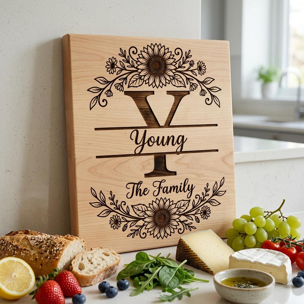 Sunflower Monogram Alphabet, Custom Family Surname Engraving Design for Board