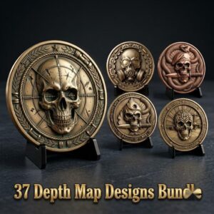Tactical Skull Challenge Coin Depth Maps, Military Laser Engraving Relief