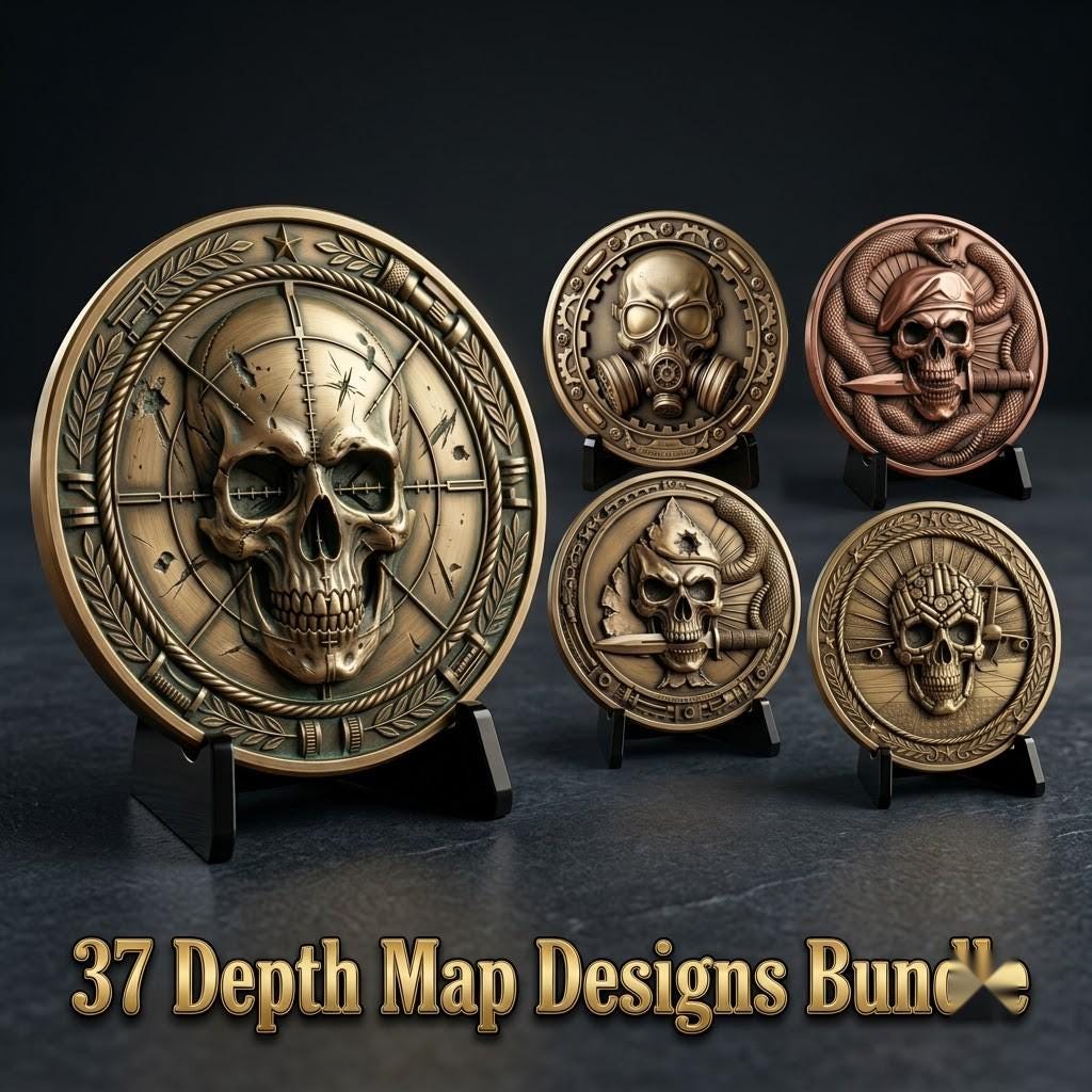 Tactical Skull Challenge Coin Depth Maps, Military Laser Engraving Relief