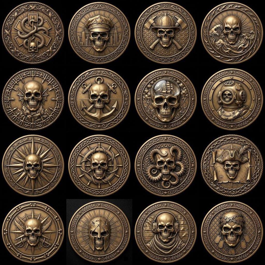 Tactical Skull Challenge Coin Depth Maps, Military Laser Engraving Relief