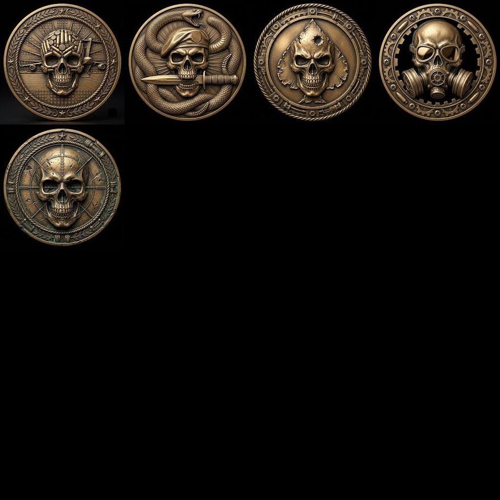 Tactical Skull Challenge Coin Depth Maps, Military Laser Engraving Relief