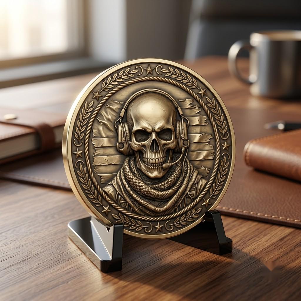 Tactical Skull Challenge Coin Depth Maps, Military Laser Engraving Relief