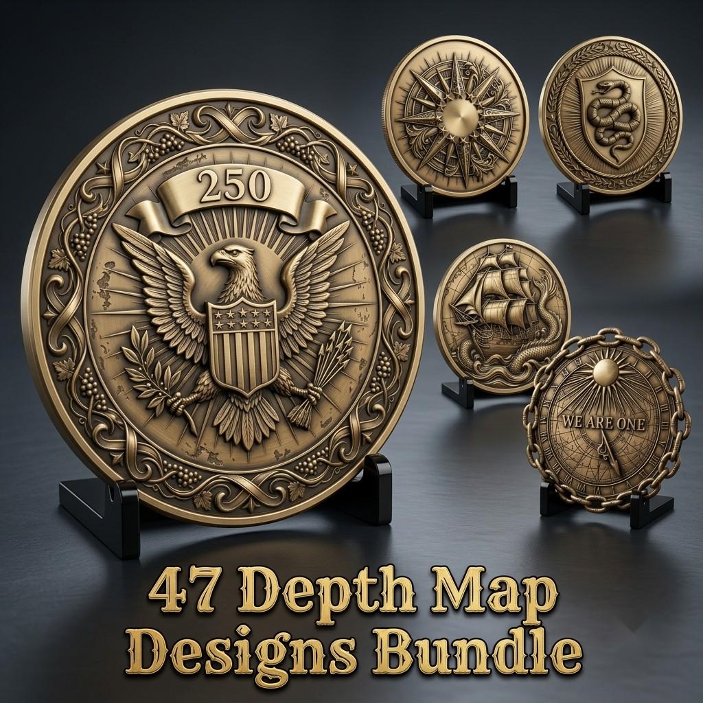US Anniversary Crest Challenge Coin Laser Engraving Depth Map, Vintage PNG