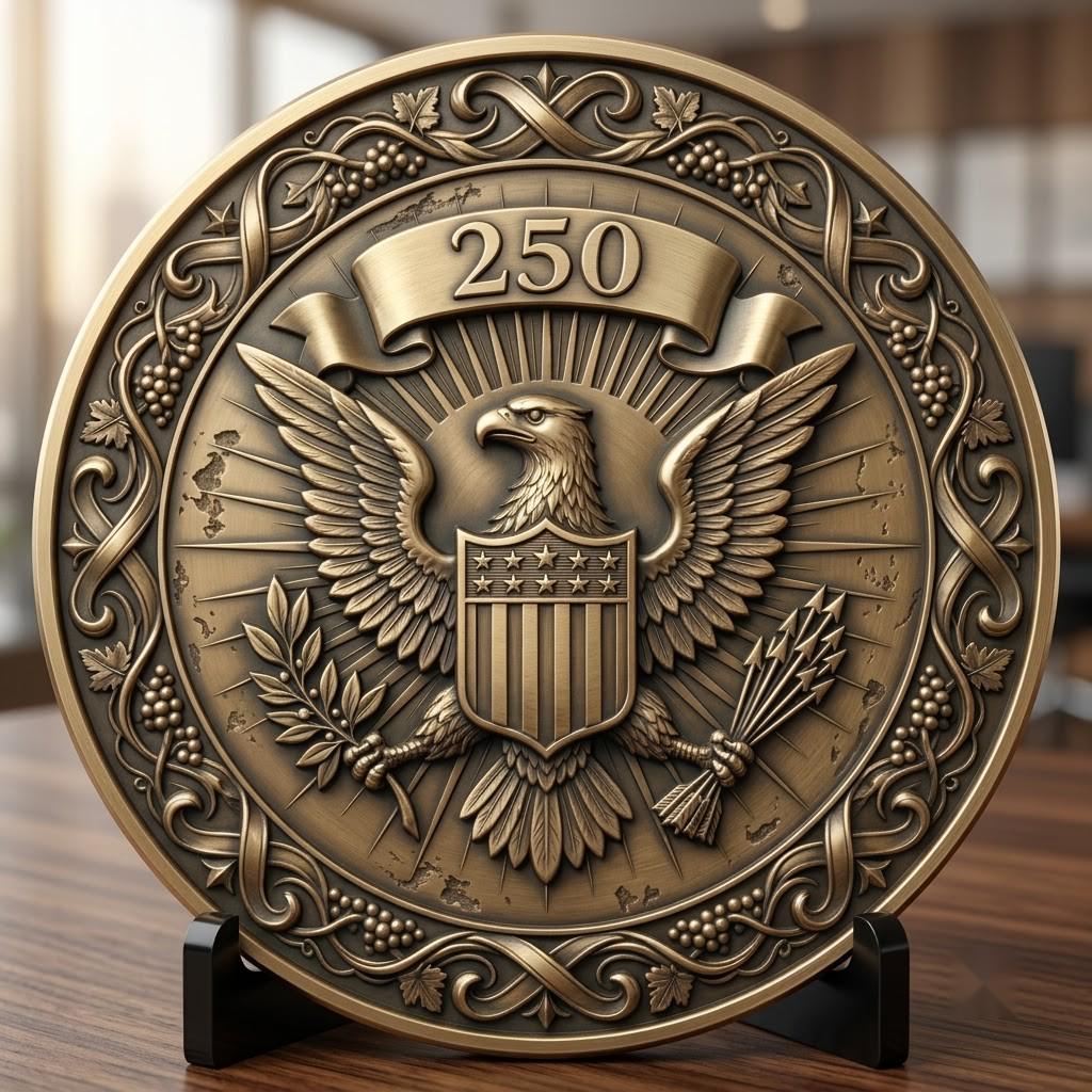 US Anniversary Crest Challenge Coin Laser Engraving Depth Map, Vintage PNG