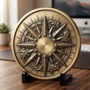 US Anniversary Crest Challenge Coin Laser Engraving Depth Map, Vintage PNG