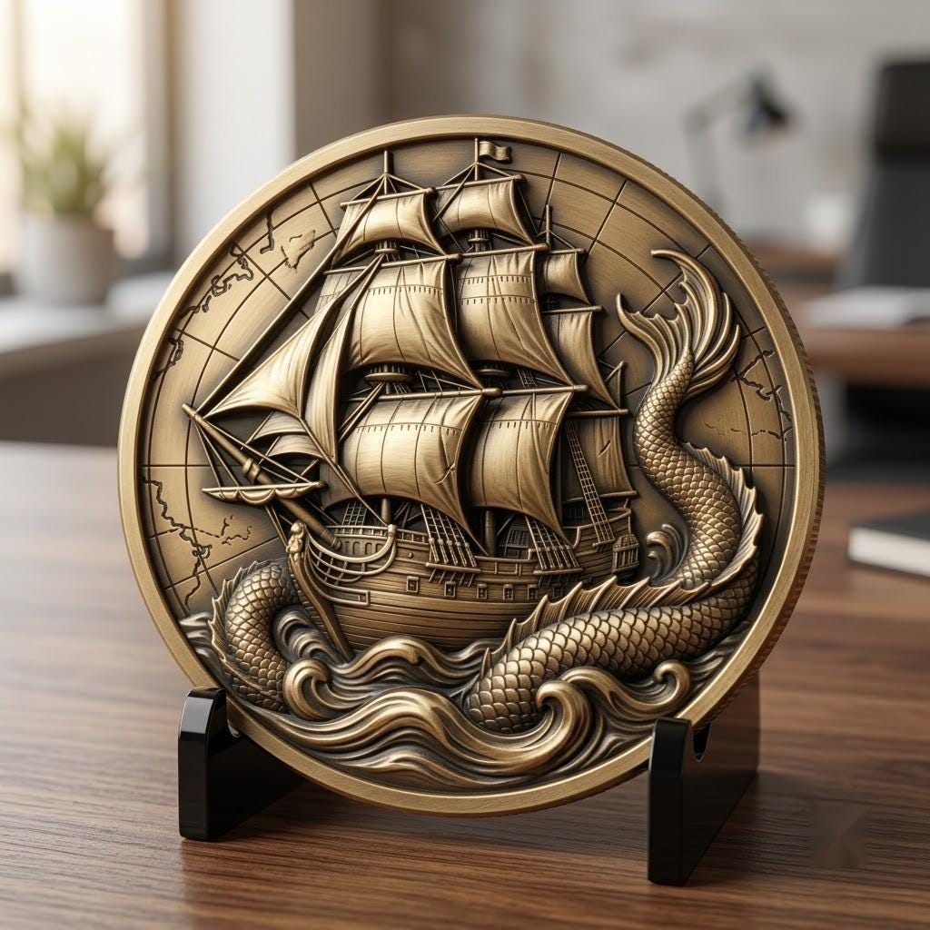 US Anniversary Crest Challenge Coin Laser Engraving Depth Map, Vintage PNG