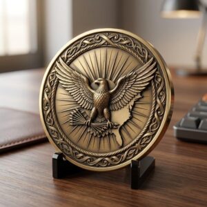 US Anniversary Crest Challenge Coin Laser Engraving Depth Map, Vintage PNG
