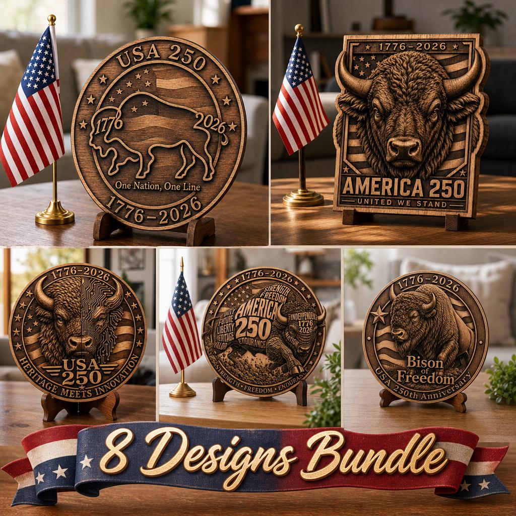 USA 250th Anniversary Bison Laser File, 3D Illusion Wooden Plaque, PNG Bundle
