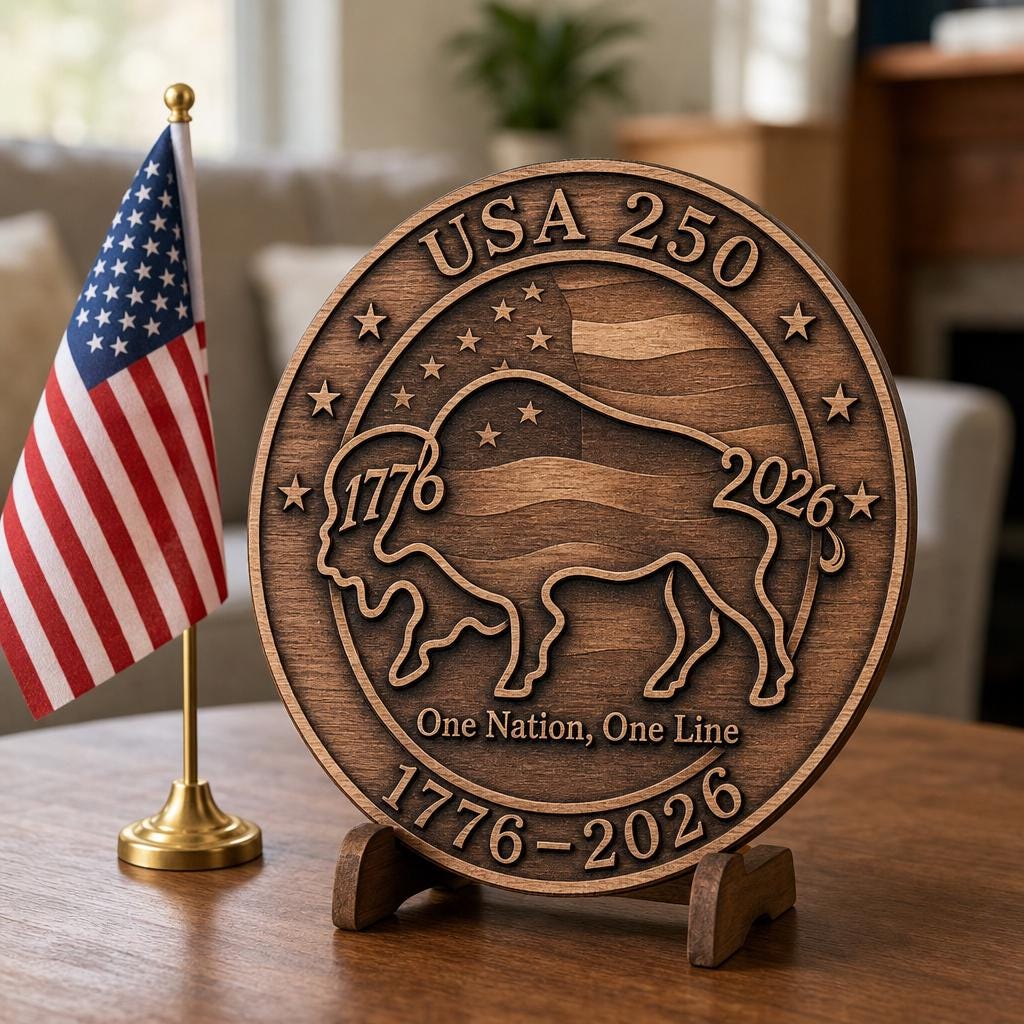USA 250th Anniversary Bison Laser File, 3D Illusion Wooden Plaque, PNG Bundle