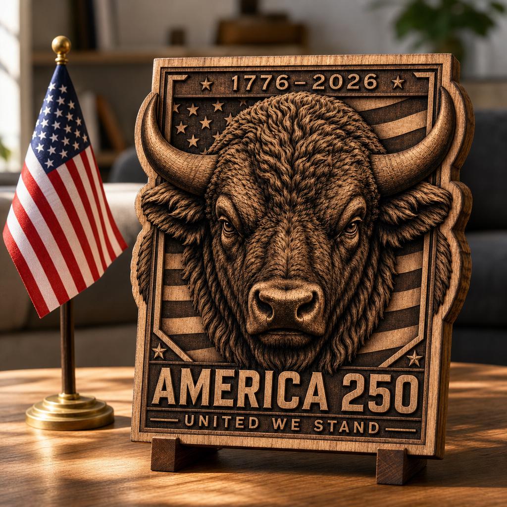 USA 250th Anniversary Bison Laser File, 3D Illusion Wooden Plaque, PNG Bundle