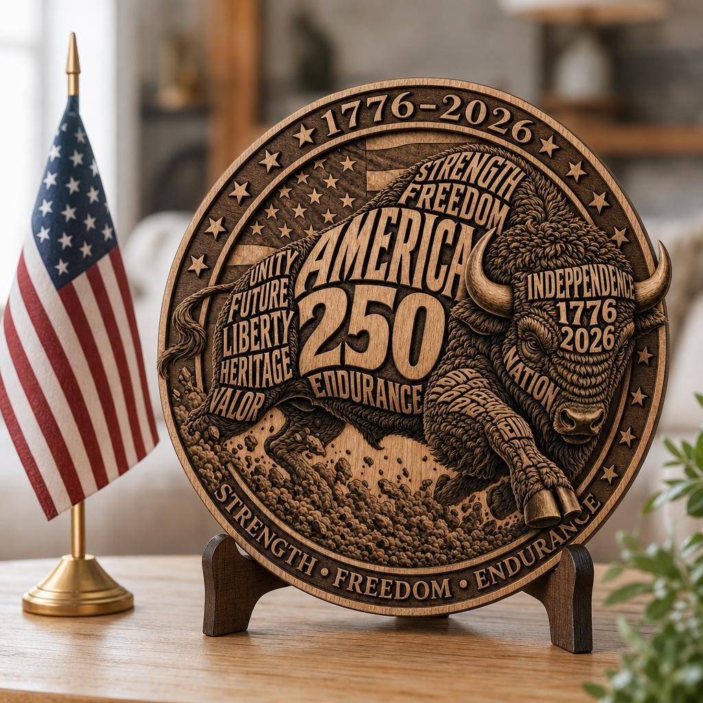 USA 250th Anniversary Bison Laser File, 3D Illusion Wooden Plaque, PNG Bundle