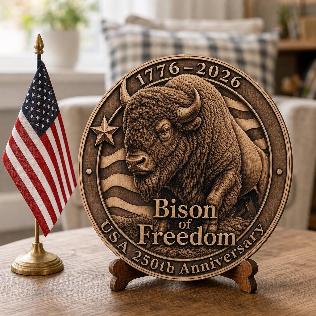 USA 250th Anniversary Bison Laser File, 3D Illusion Wooden Plaque, PNG Bundle