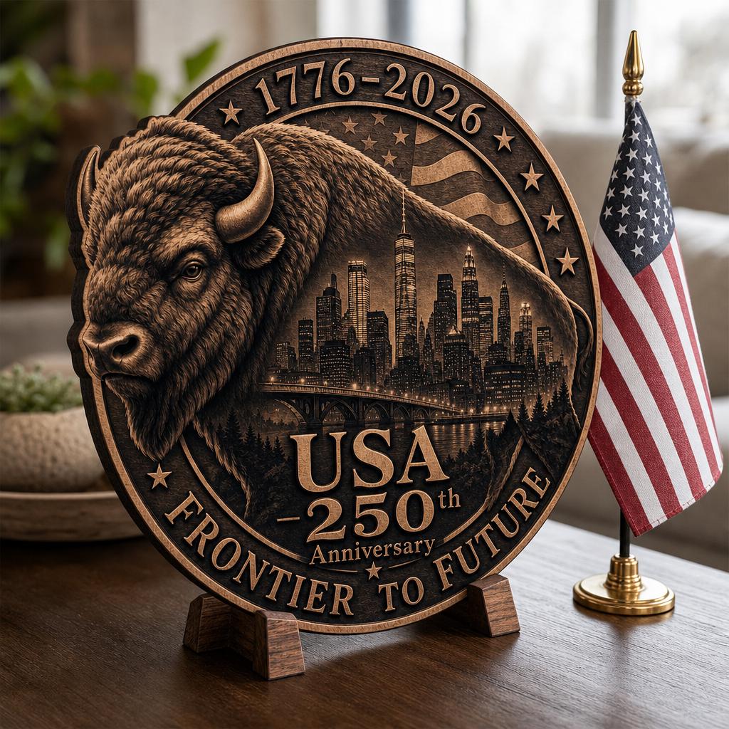 USA 250th Anniversary Bison Laser File, 3D Illusion Wooden Plaque, PNG Bundle