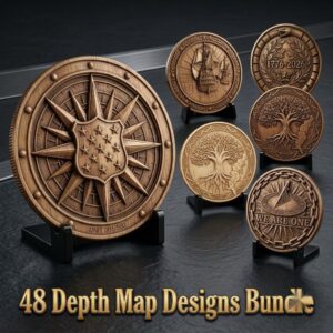 USA 250th Anniversary Coin Depth Map, 3D Relief Laser Design, Vintage Wreath
