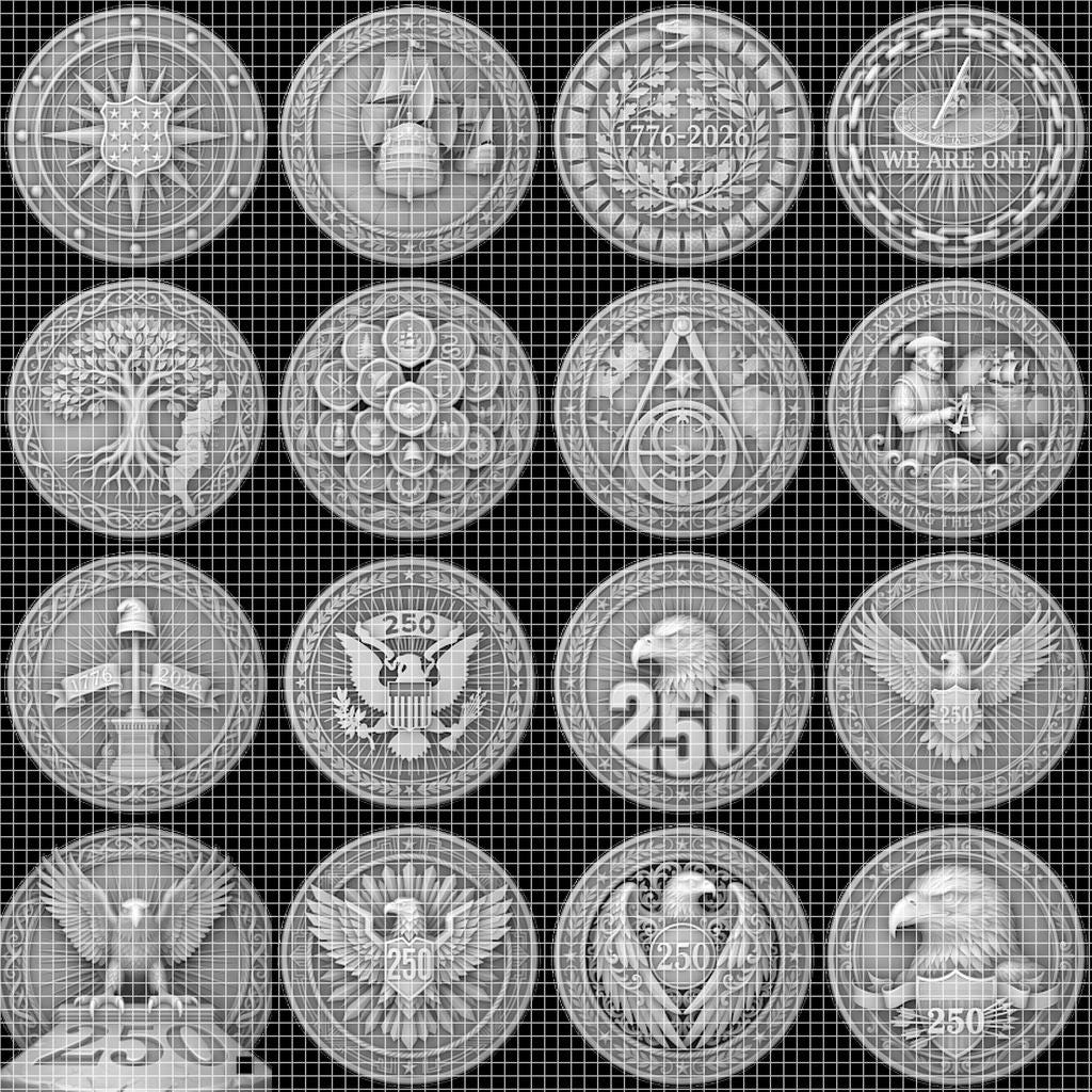 USA 250th Anniversary Coin Depth Map, 3D Relief Laser Design, Vintage Wreath