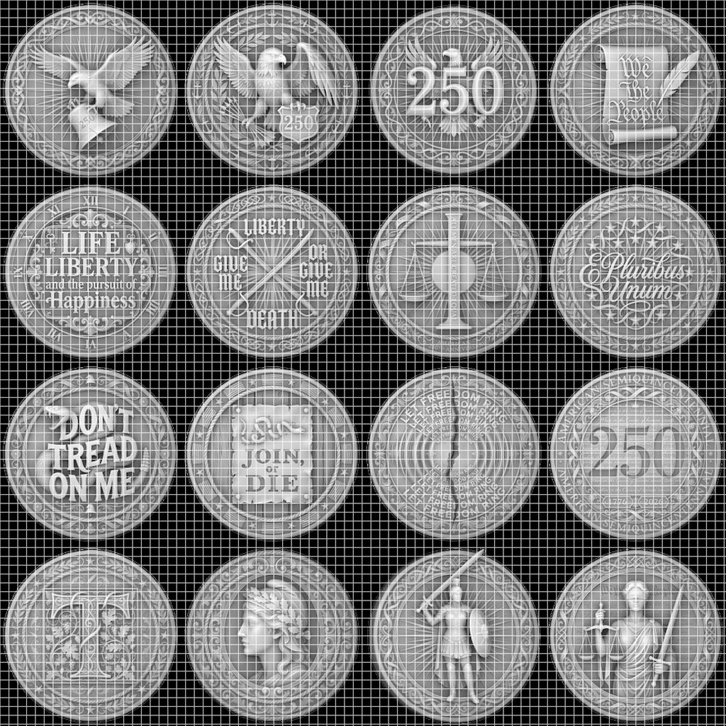 USA 250th Anniversary Coin Depth Map, 3D Relief Laser Design, Vintage Wreath