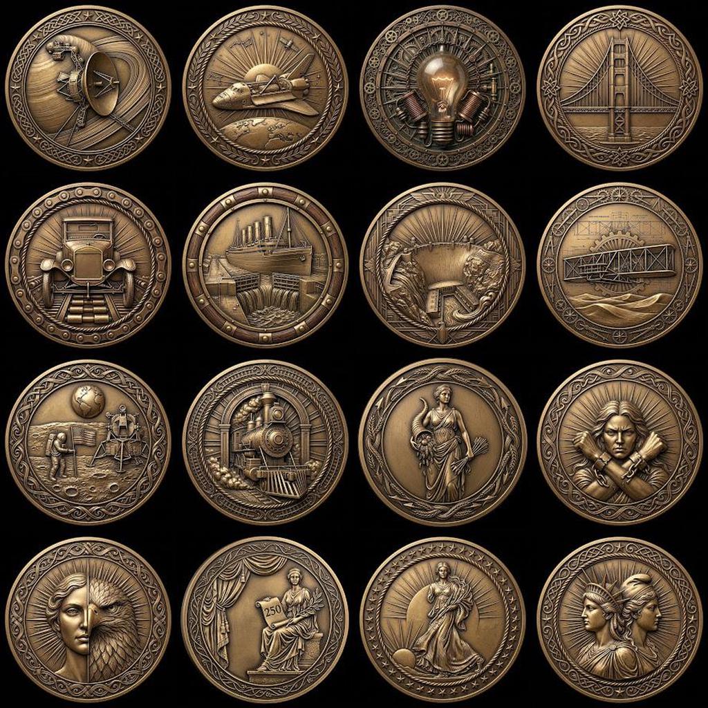 USA 250th Anniversary Coin Depth Map, 3D Relief Laser Design, Vintage Wreath