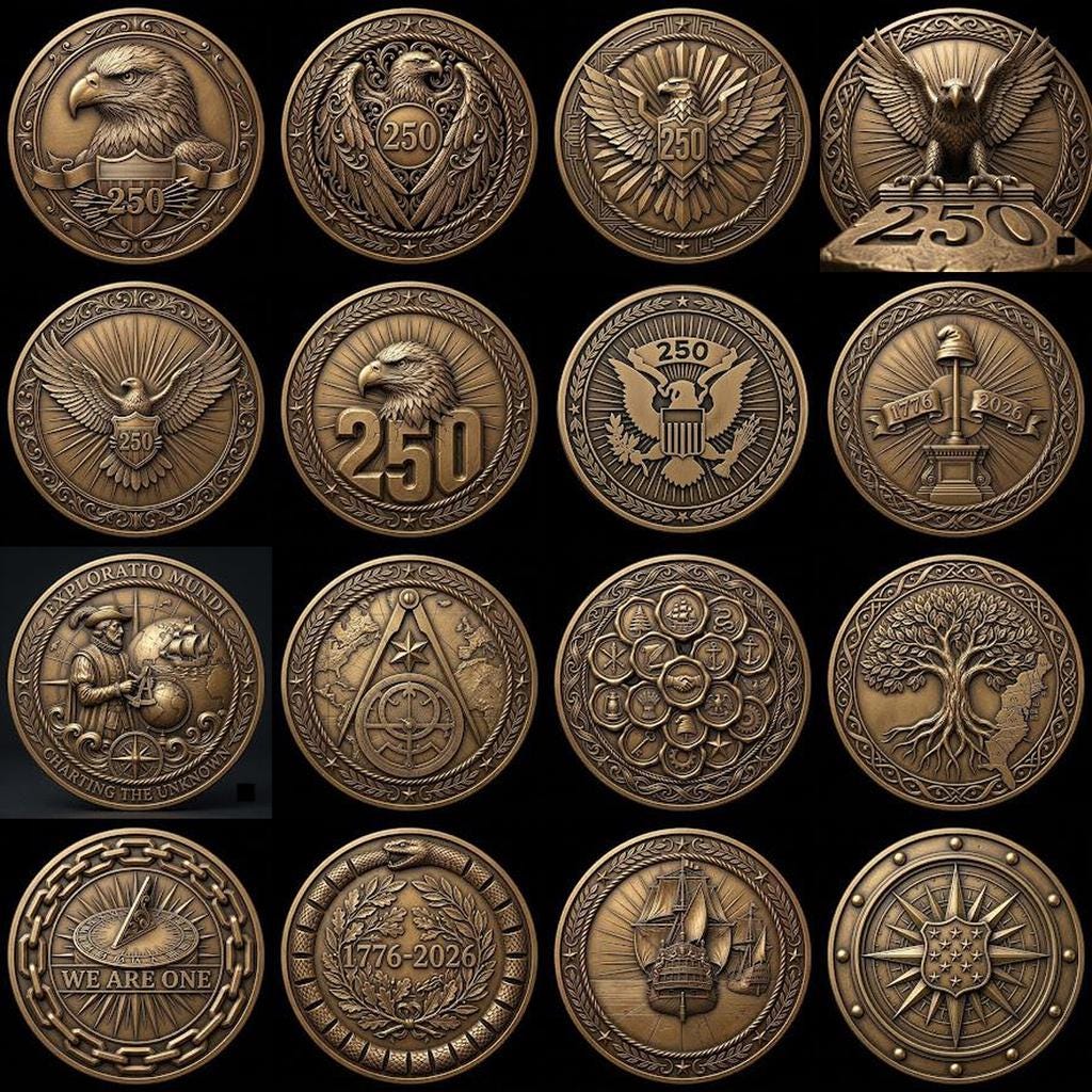 USA 250th Anniversary Coin Depth Map, 3D Relief Laser Design, Vintage Wreath