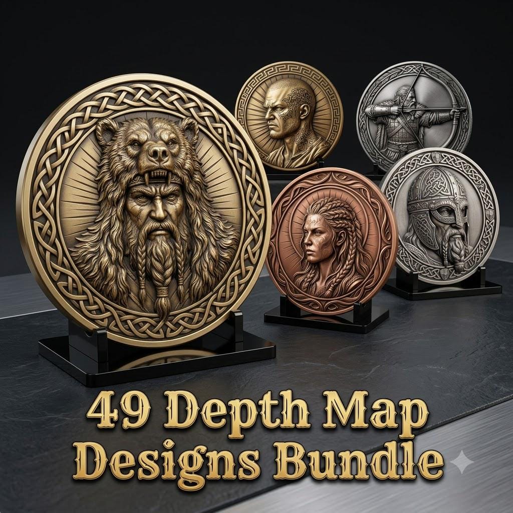 Viking Warrior Relief Coin Depth Map, Norse Mythology Laser Design