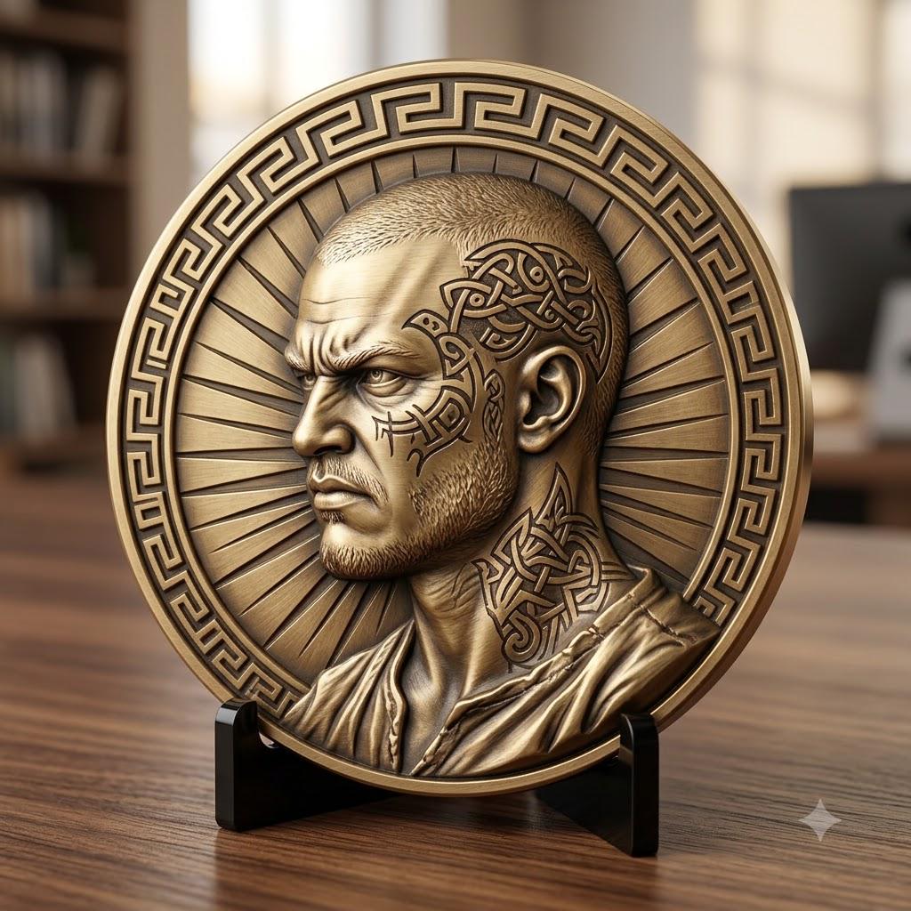 Viking Warrior Relief Coin Depth Map, Norse Mythology Laser Design