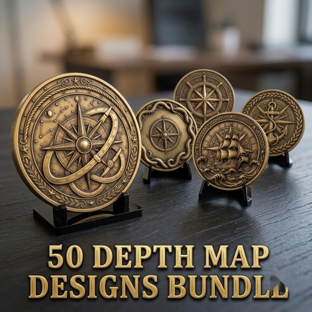 Vintage Nautical Coin Engraving File, Compass And Depth Map PNG Bundle