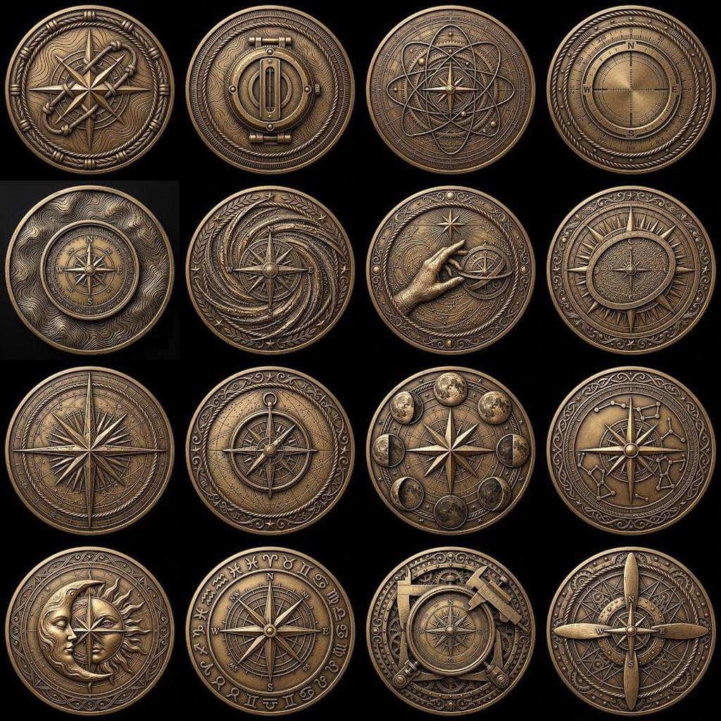 Vintage Nautical Coin Engraving File, Compass And Depth Map PNG Bundle