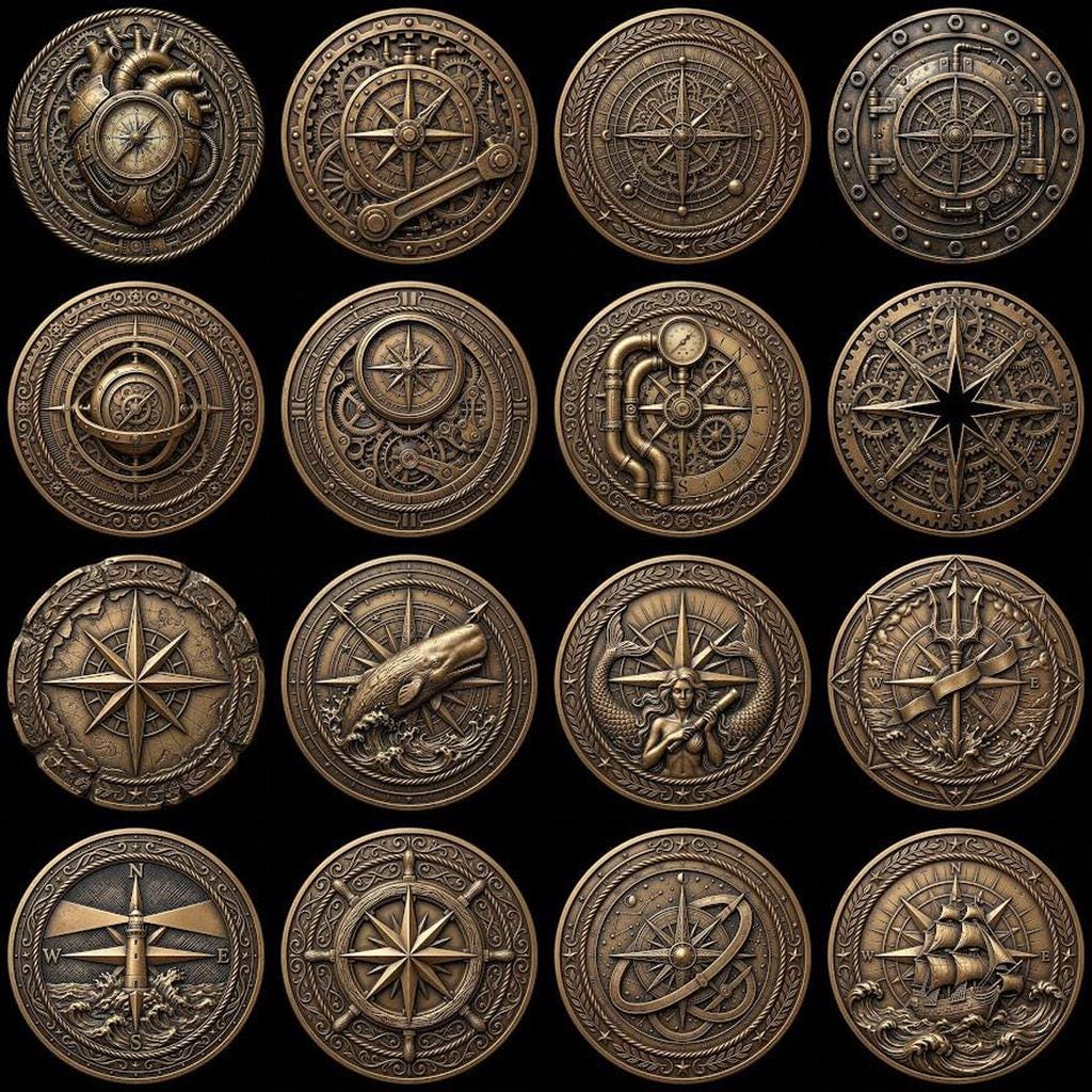 Vintage Nautical Coin Engraving File, Compass And Depth Map PNG Bundle