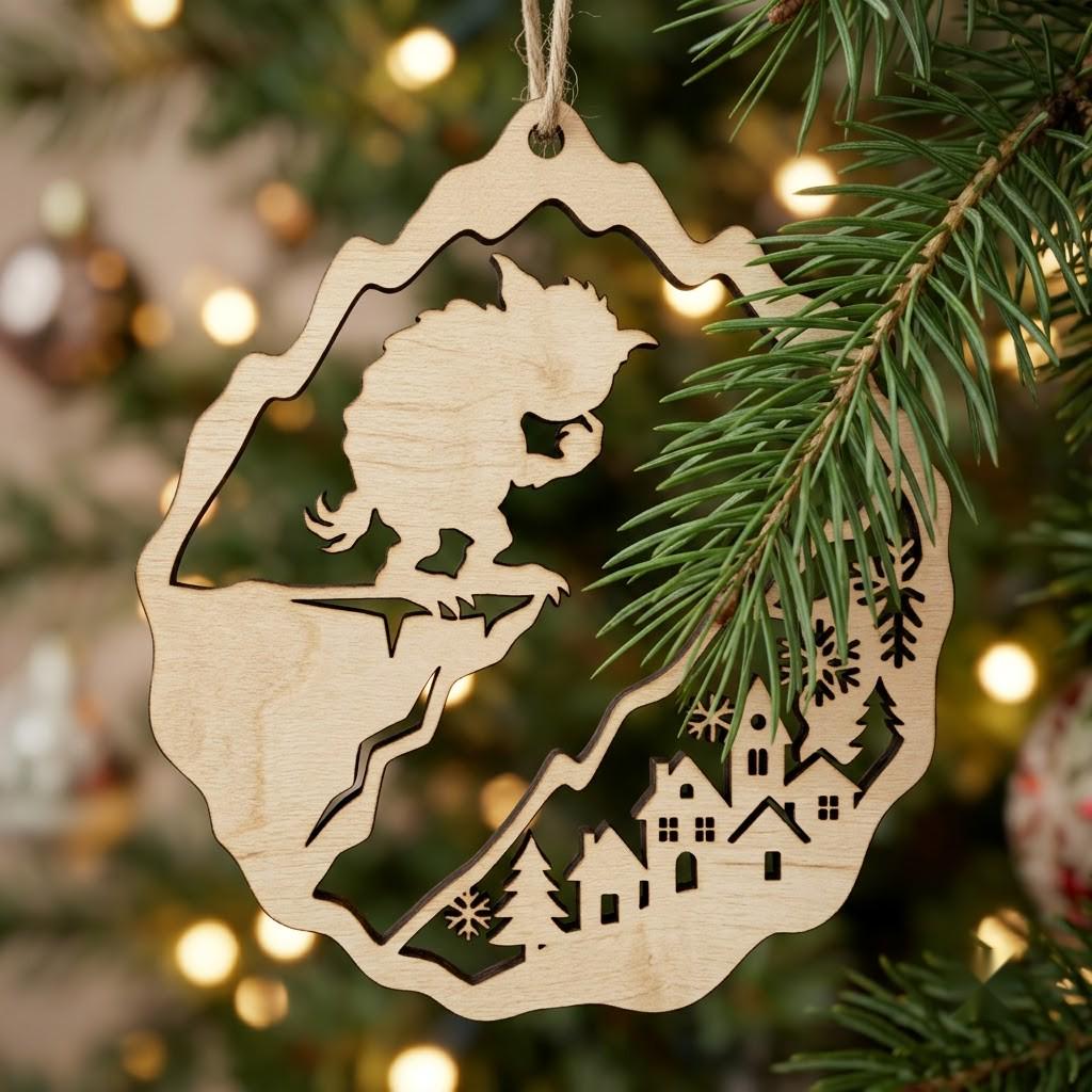 Vintage Santa Laser Engraved Ornament, Rustic Victorian Christmas Wood Bauble