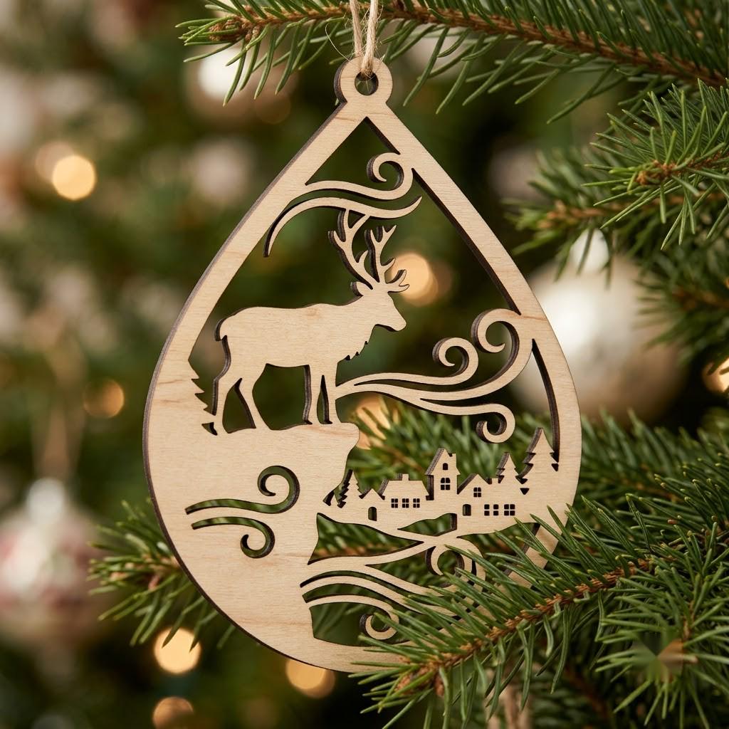 Vintage Santa Laser Engraved Ornament, Rustic Victorian Christmas Wood Bauble