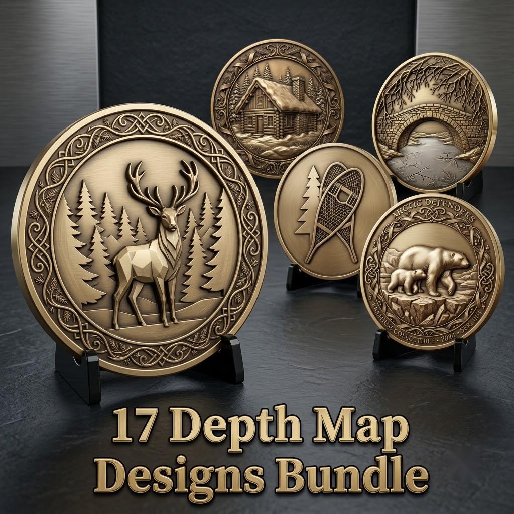 Winter Medallion Relief File, Snowy Pine Forest Token, Coin Engraving Depth Map