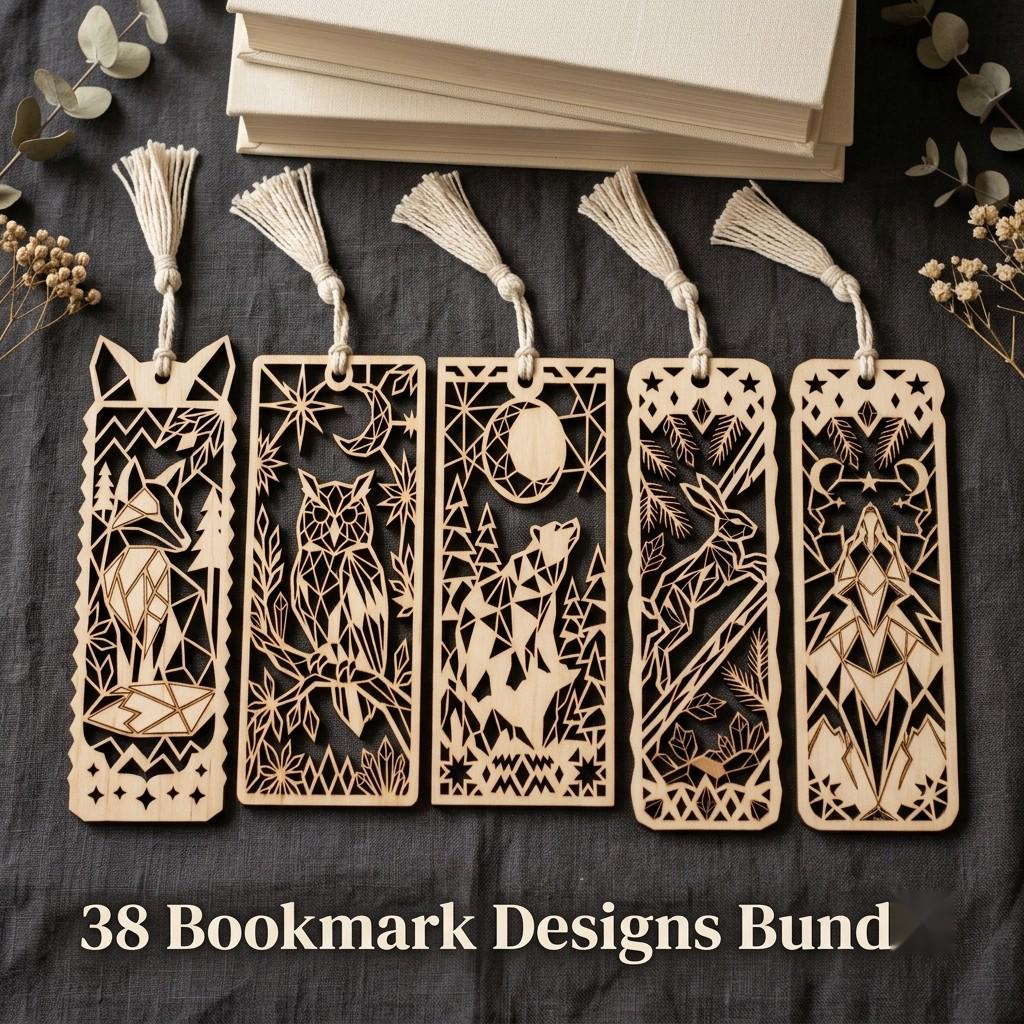 Woodland Animal Bookmark Laser File, Geometric Low Poly Engraving Patterns, 38 Designs
