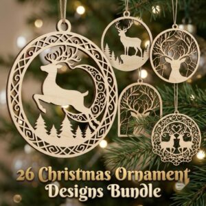 Woodland Reindeer Christmas Ornament Laser File, Winter Forest Mountain Bundle